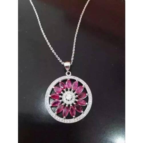 Natural red ruby pendant S925 Sterling silver Natural crystal Pendant Necklace trendy elegant round Circle women party jewelry