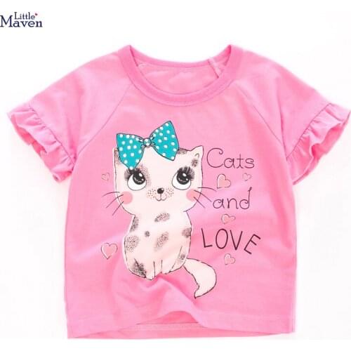 Little Maven New Summer Children Pink Cat O-neck Short-sleeved Cotton Knitted Girls Casual Cute Sweet Tshirts Tops