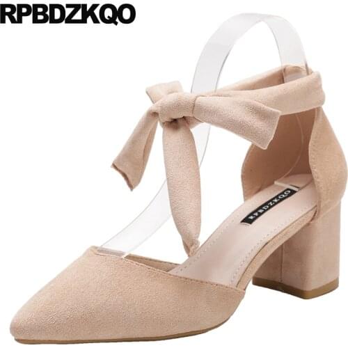Sweet Pumps Thick Ankle Strap Nude Suede Medium Heels Bow Black Work Shoes Women Leather New Block 2021 Pointed Toe Wine Red