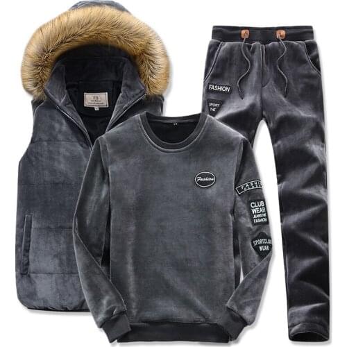Tracksuit Men Winter Sporting Suit Hooded Vest+Sweatshirt+Pants 3 Piece Set Plus Gold Velvet Thick Warm Sportswear Joggers Suit