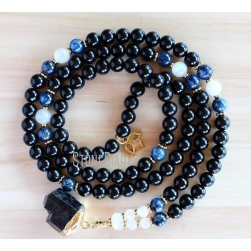 MN36784 Black Tourmaline Selenite 108 Mala Necklace Kyanite Necklace Tourmaline Necklace Yoga Jewelry Meditation Beads