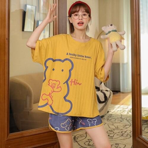 Kawaii Cartoon Little Bears Sleepwear Summer Womens Pajamas Cotton Korean Lloose Short Sleeved Pajamas Casual Yellow Homewear