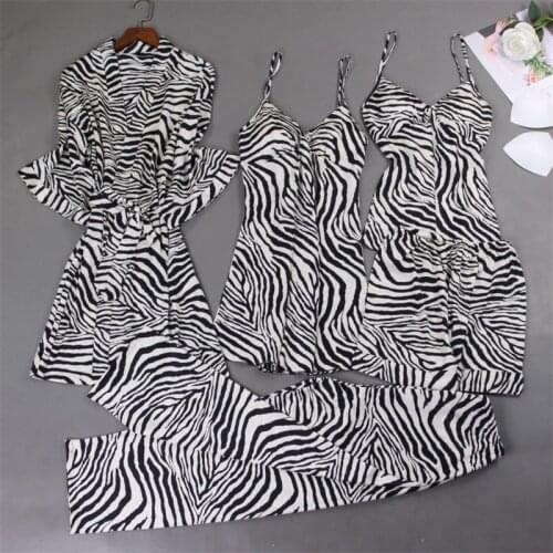 Women 5 Pieces Pajamas Sets Zebra Print Pyjama Sleepwear Spring Summer Homewear Sexy Robe Gown Pijamas