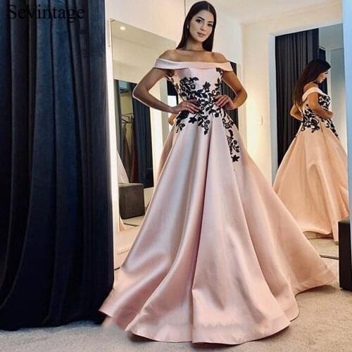 Sevintage A Line Simple Boat Neck Women Prom Dresses Off Shoulder Lace Satin Formal Evening Party Gowns vestido de noche 2020