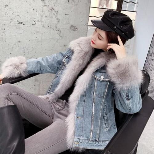 Detachable Real Fox Fur Denim Jacket Warm Womens Autumn Winter Coat Female Basic Windbreaker Denim Jackets Overcoat Plus Size