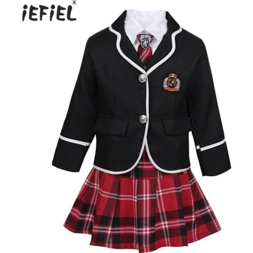 Kids Girls British Style School Uniform Anime Costume Suit Toddler Girls Clothes Long Sleeve Coat with Shirt Tie Mini Skirt Sets