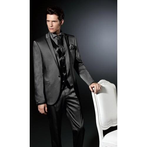 Custom Made Groom Tuxedo Shiny Grey Groomsmen Peak Lapel Wedding/Dinner Suits Best Man Bridegroom (Jacket+Pants+Tie+Vest)B348