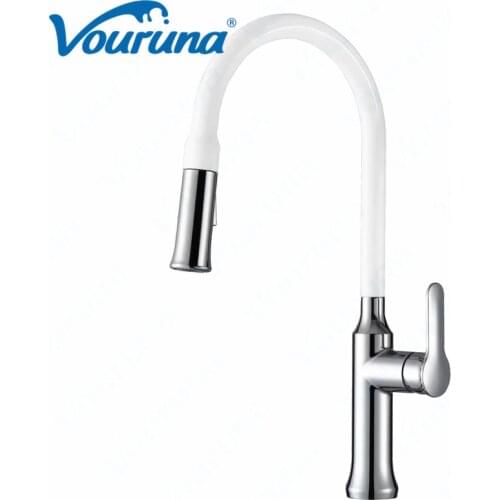 Vouruna Pull Out Kitchen Sink Mixer Tap Gooseneck White New Pullout Kitchen Faucet Swivel Single Handle