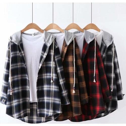 Jacket women traf Korean hooded BF loose Plaid long sleeve shirt womens 2021 spring new Harajuku student shirt coat