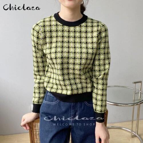 Women Fashion Houndstooth Knitted Sweaters Female Vintage Long Sleeve Loose Female Pullovers Jumper