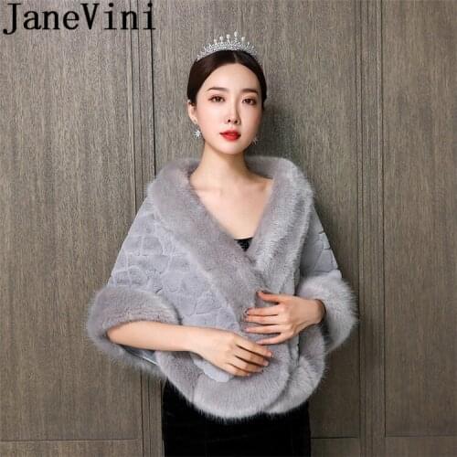 JaneVini Winter Faux Fur Wedding Wrap and Jackets for Women Gray Fake Fur Shawl Evening Dress Shrug Bridal Boleros Outerwear