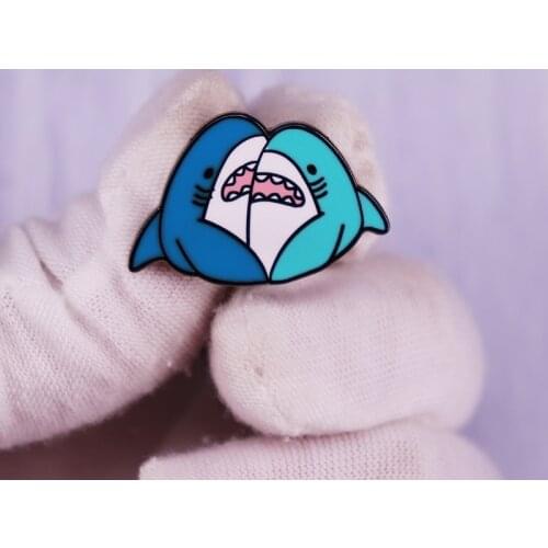 Cartoon Two Sharks Enamel Pin Ocean Beach Brooch Cute Sweet love Badge Fashion Jewelry Gift