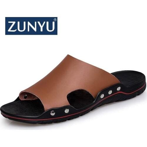 ZUNYU Men Slippers Summer Flat 2019 Summer Man Shoes Breathable Beach Slippers Split Leather Flip Flops Mens Slippers Size 38-48