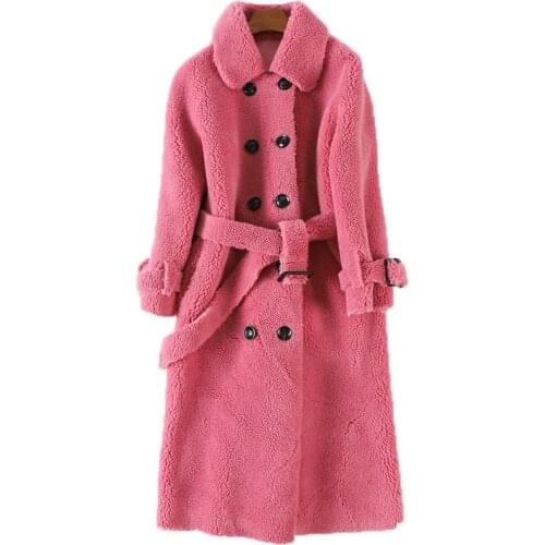 2021 winter fur coat female sheep shearing long solid color double faced wool fur jacket lapel double breasted belted outerwear