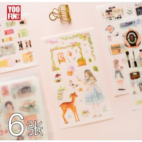 6 Sheets Cute Butterfly Stickers Cartoon Girl Transparent Planner Stickers for Student Diy Decoration Diary Photo Album