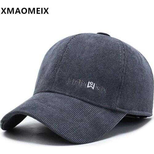 XMAOMEIX Winter New Mens Warm Baseball Cap Corduroy Thick Sports Cap Snapback Hat Adjustable Size Letter Embroidery Earmuff Hat