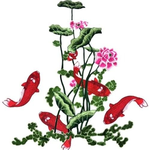 Lotus Goldfish Flowers Embroidered Patches Sewing Parches For Clothes Dress Applique Embroidery DIY