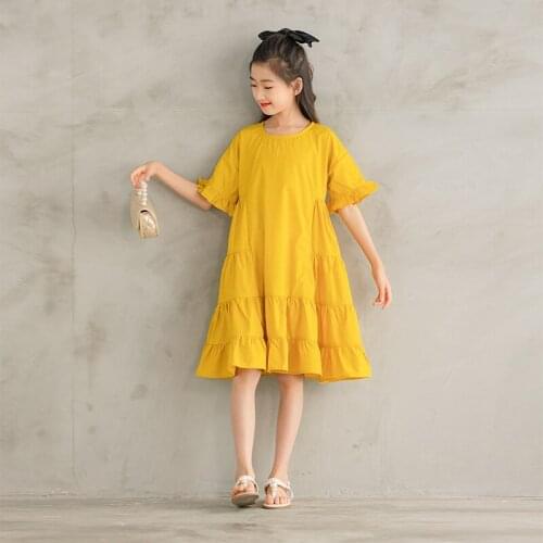 Kids Cute Dress 2021 Girls New Summer Dress 100% Cotton Ruffles Teen Dress Children Baby Clothes Yellow Ruched,#6294