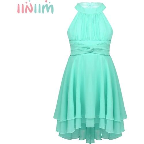 Iiniim Kids Halter Pleated High-Low Hem Flower Girl Dress Princess Girls Summer Dresses Pageant Vestido de festa Party Dress