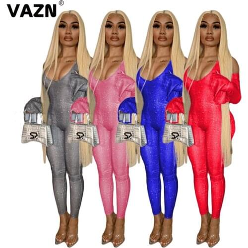 VAZN 2020 Top Quality Sexy Club Elegant Solid Novelty Style Off Shoulder Full Sleeve Women High Waist Skinny Pencil Jumpsuits