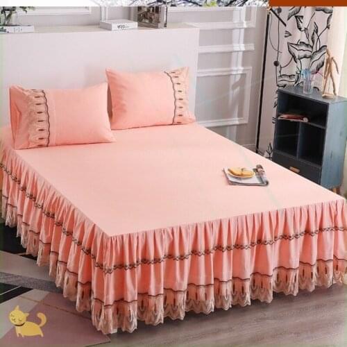 Cilected 3Pcs/Set European Solid Color Lace Bed Skirt Pillowcase Princess Wind Non-Slip Bedspread Mattress Dust Protection Cover