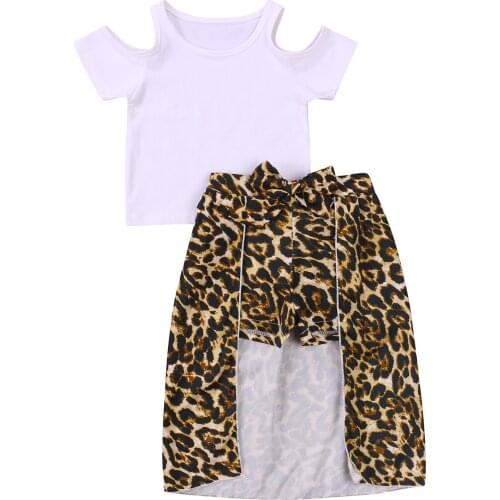 New Girl’s T-shirt and Shorts Set Fresh Solid Color Off-shoulder Short Sleeve Tops and Leopard Culottes