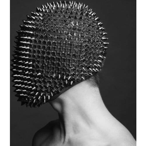 Black Silver Rivet Rhinestones Mask Headgear Male Female Dancer Performance Accessories Nightclub DJ Singer Stage Dance Costume