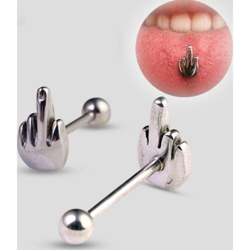 Sexy Punk Tongue Nails 316L Stainless Steel Anaphylaxis Middle Middle Finger Gesture Tongue Ring Body Piercing Punk Jewelry