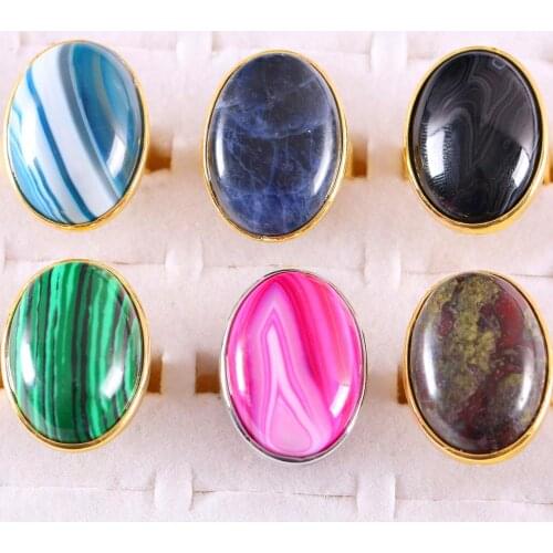 Finger Ring Natural Stone Oval CAB Cabochon Bead Crystal Opal Rhodonite Malachite Howlite Onyx Adjustable Ring For Woman Man
