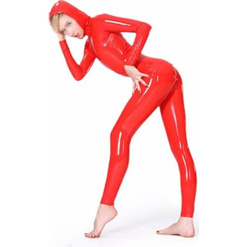 Red Front Zip Women Latex Rubber Hoodie Catsuit Female Latex Fetish Suit Party Sexy Costume Bodysuit S-LC343