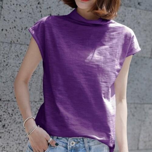 Summer bamboo cotton women t-shirts purple turtleneck slim office lady casual top tees short sleeved pulls outwear tops oversize
