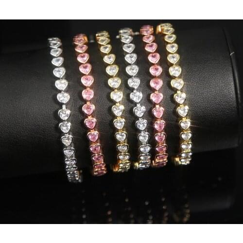Trendy Heart Shape Bracelet Romantic Pink CZ Love Wristband Girlfriend Gifts Jewelry High Quality Tennis Chain Chic Bling bangle