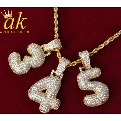 Initial Number Necklaces Pendant For Men Gold Color Cubic Zircon Hip Hop Jewelry Gifts 0-9