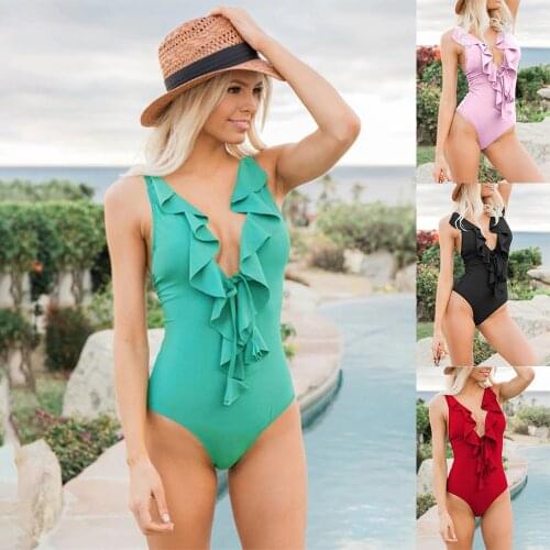 2019 ROSIELARS Summer Beachwear Sexy Low Cut Ruffled One Piece Women Swimsuit Deep V Stripe Fashion Swimwear Bathing Suits