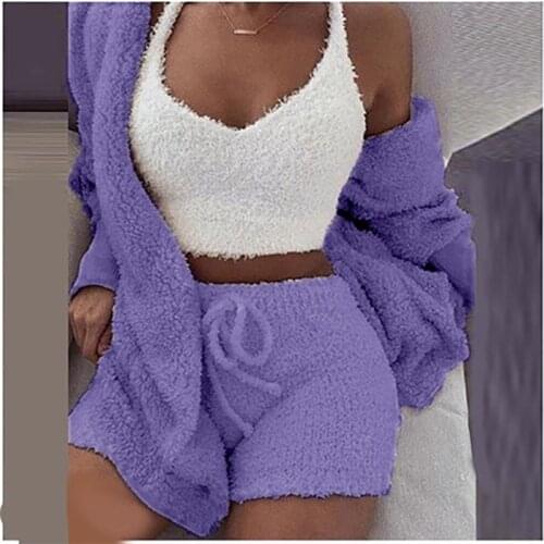 2Pcs/Sets Sexy Fluffy Suits Velvet Plush Hooded Cardigan Coat+Shorts Women Tracksuit Casual Sports Overalls Sweatshirts