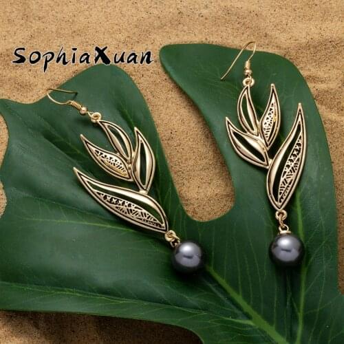 SophiaXuan Hawaiian Polynesian Monstera Leaf Dangle Earrings Jewelry New Designer Long Pearl Drop Earrings Wholesale for Women