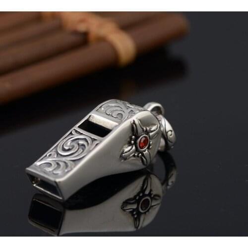 S925 pure silver jewelry retro Thai silver whistle necklace pendant for men fashionable women can blow whistle pendantfor woman