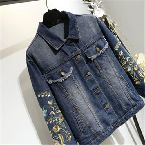 2019 new spring and autumn denim womens large size fashion casual loose embroidery long sleeve ladies blue denim jacket 611