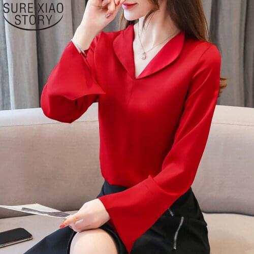 New 2021 Autumn Fashion Women Chiffon Blouses Long Sleeve V-neck Women Tops Casual Solid Elegant Women Clothing OL Style 6258 50