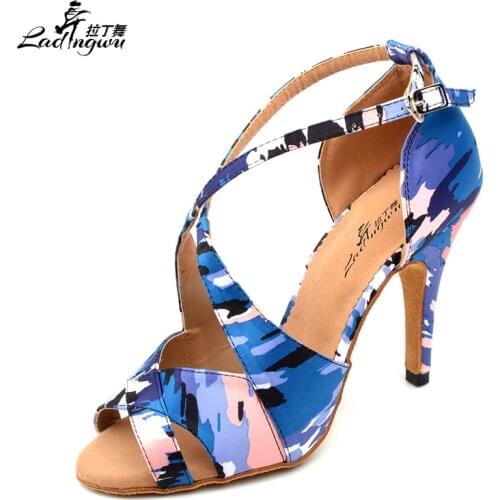 Ladingwu New Spring and Summer Dance Shoes Ladies Latin Camouflage style texture Ballroom Salsa Dance Shoes Women Satin