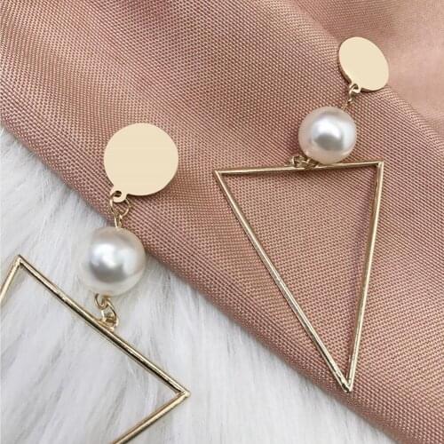 Women Fashion Earrings Hollow Inverted Triangle Faux Pearl Pendant Party Earrings