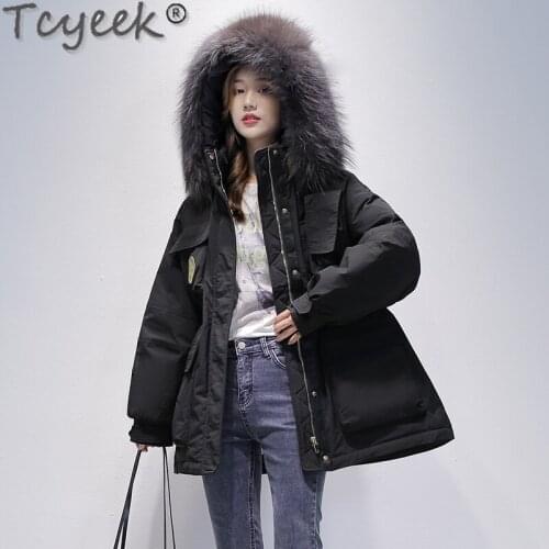 Tcyeek Women Coats Winter Raccoon Fur Collar Puffer Jacket Famale Long Korean Parka New Fashion 2021 Kurtka Zimowa Damska SQQ530