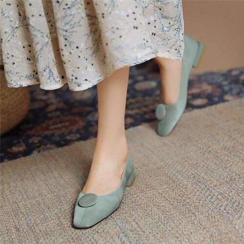 COOLULU Woman Shoes Square Toe Low Heels Button Thick Heel Pumps Dress Shallow Female Footwear 2021 Spring New Apricot Size 46