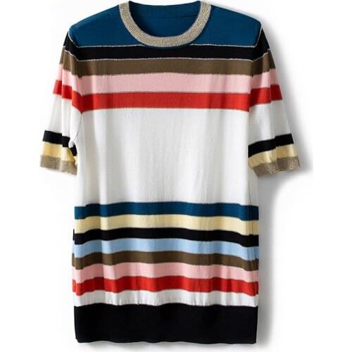 2021 Striped Ice Silk Knitted Women Short Sleeve Sweater Pullovers Summer Korean Women O Neck Sweaters Pullover Slim Female Top