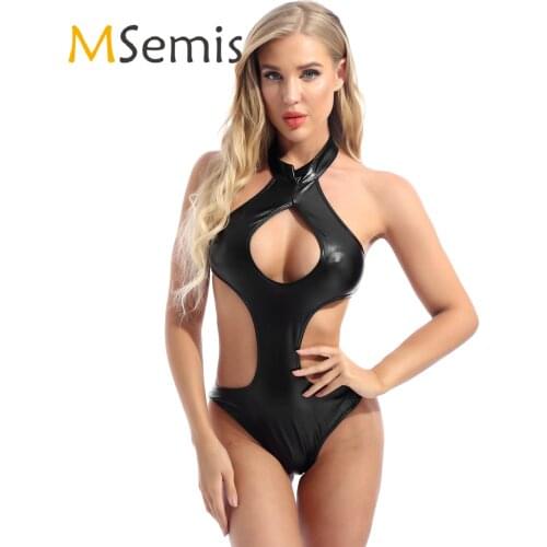 Womens Sexy Lingerie Halter Keyhole Bodysuit Patent Leather Lace-up Backless Leotard Swimwear Swimsuit Stage Performance Costume