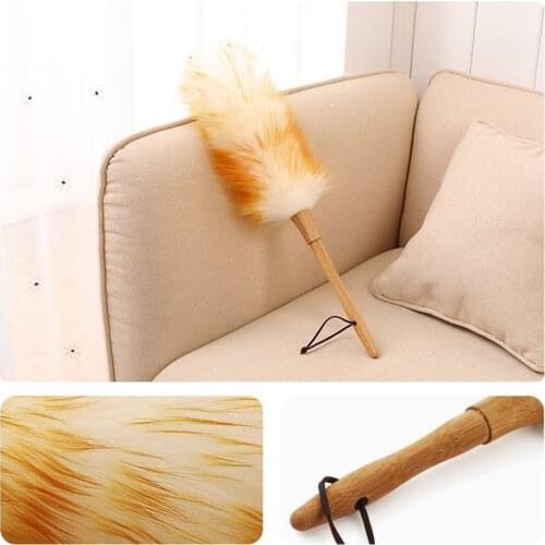 1Pc Lambswool Duster Pure Natural With Solid Wooden Handle Leather Hang Feather Duster For Household Cleaning Sweeping Ash