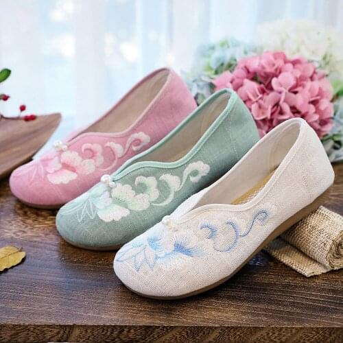 Vintage Ladies Comfort Cotton Fabric Slip-On Ballerinas Shoes Chinese Embroidered Women Casual Ballet Flats Pink Mint White