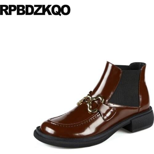 Genuine Leather Brown Booties Luxury Shoes Chunky Patent Chelsea Slip On Fall Metal Women Ankle Boots 2021 Round Toe European