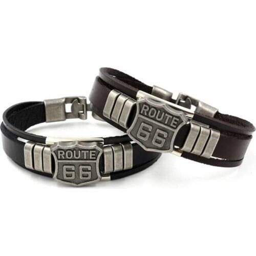 Retro ROUTE 66 Pattern Bracelet Mens Bracelet Fashion Metal and Leather Multilayer Jewelry Bracelet Accessories Party Jewelry
