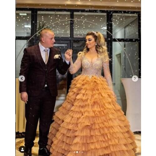Dubai See Through Beaded Evening Dresses with Long Sleeves Tiered Tulle A Line Plus Size Sheer Beck Saudi Arabia Prom Gowns 2021